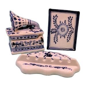 Miniature Blue And White Lot Delft4 Spoon Holder, Phonograph Trinket Box Tray